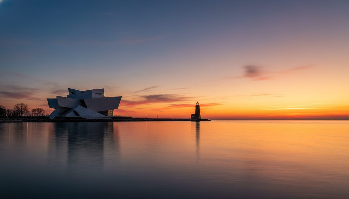Milwaukee's Lake Michigan lakefront at sunset with a modernist building silhouette and a historic brick lighthouse in the middle distance.
