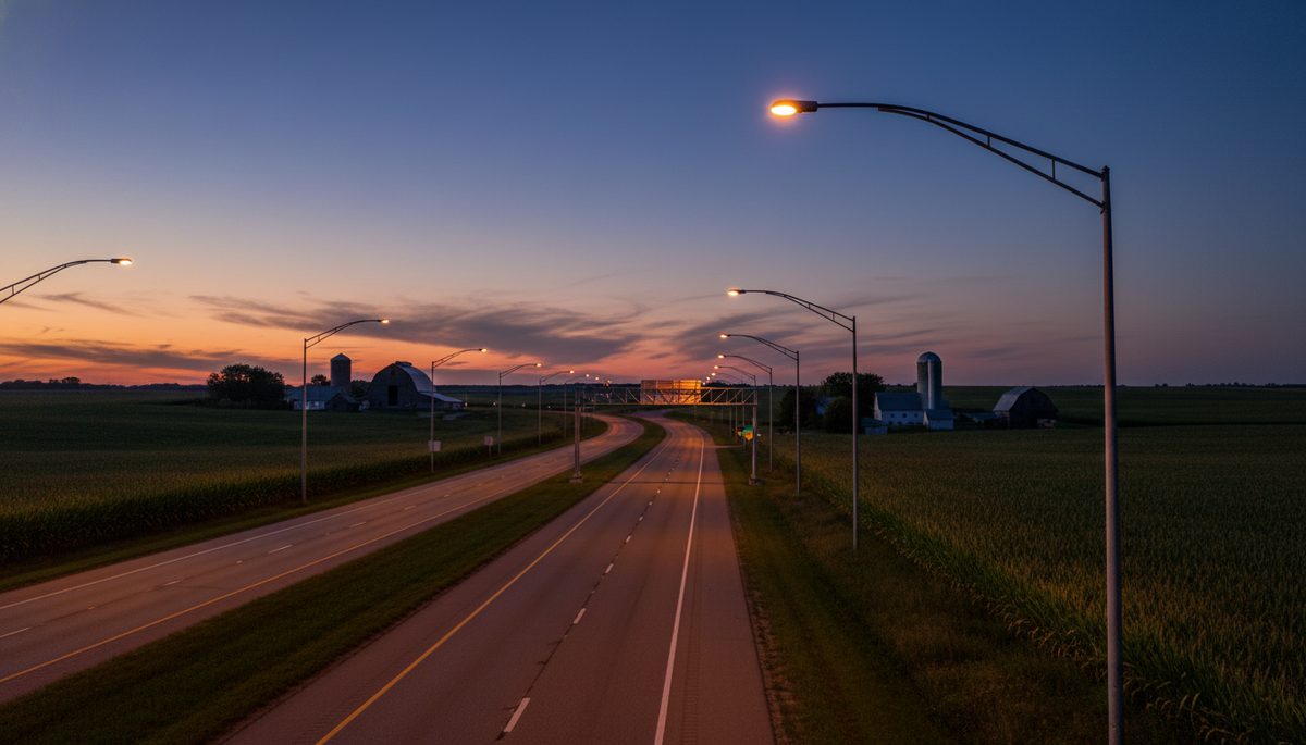 A Midwestern interstate highway approaching a state-line crossing at twilight, with rolling cornfields and dairy farmland on either side.