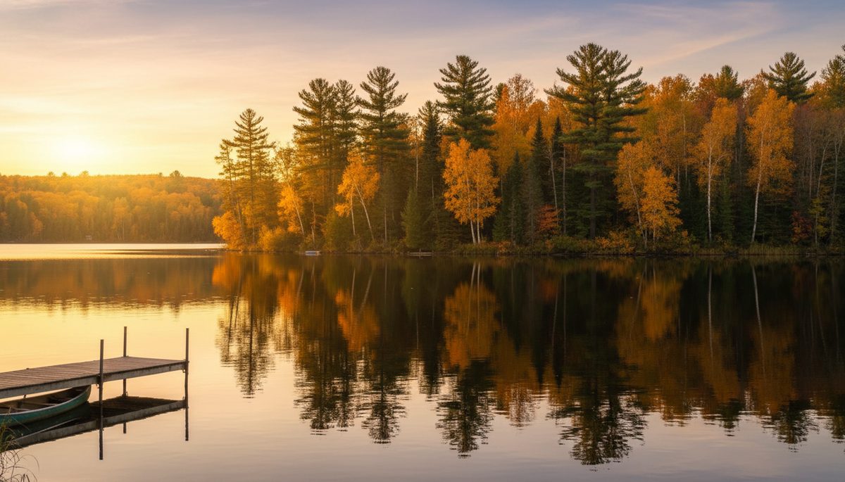 A Northwoods Wisconsin lake at golden hour, glassy water reflecting white pines and autumn-color hardwood forest.